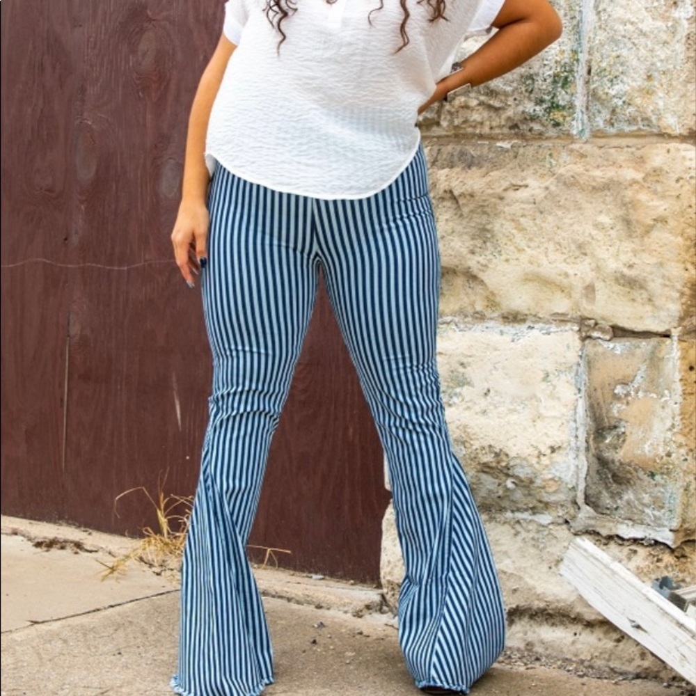 Blue Bellbottom Striped Jeans